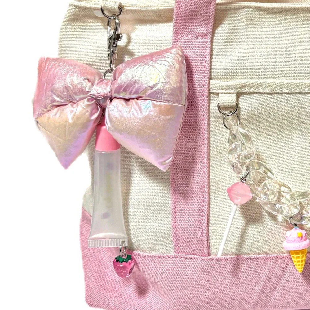 NEW - Adorable Pink & Cream Kawaii Tote Bag Removable Charms Canvas Tote Bag - Picture 5 of 6